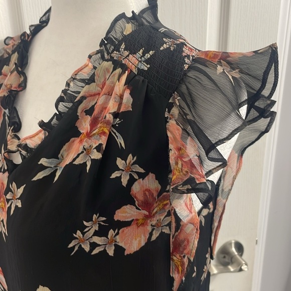 Cece Lava Flower on Black Flutter Sleeve Blouse Chiffon Lined Ruffles Size XS - Picture 7 of 12